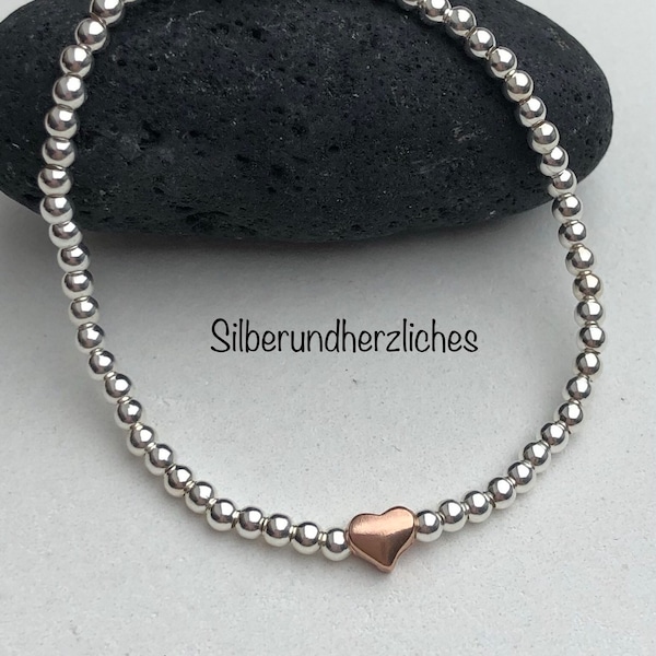 Kugelarmband mit Herz, rosegold, 925 Sterlingsilber, Freundschaftsarmband, Stretcharmband, vergoldet, Geschenk zu Weihnachten, Geburtstag