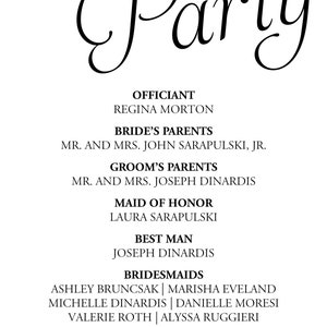 May include: A black and white wedding party list. The words "Bridal Party" are in a decorative script. The list includes the officiant, parents, maid of honour, best man, bridesmaids, groomsmen, flower girl, ring bearer, and readers.