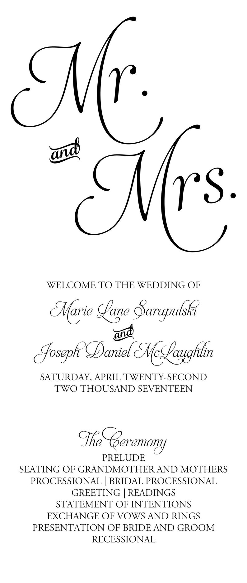 May include: A formal wedding invitation in black script on a white background. The design features "Mr. and Mrs." at the top, followed by the couple's names, wedding date, and ceremony schedule. The text is in a classic, elegant font.