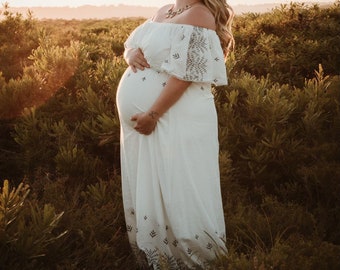 Maternity & Breastfeeding-Friendly, Off the Shoulder, White Cotton with Navy Embroidery and Lining