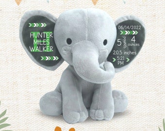 Puede incluir: Un elefante de peluche gris con orejas de pizarra. Las orejas tienen el texto "HUNTER MILES WALKER" y la fecha "06/14/2022". El elefante está sentado sobre un fondo beige con una guirnalda de banderas encima. El elefante está rodeado de cuatro juguetes de peluche: un león, una jirafa, un zorro y un mono.
