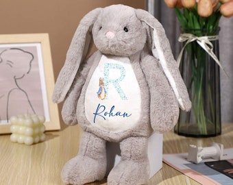 Peluche lapin gris nom floral personnalisé, cadeau souvenir
