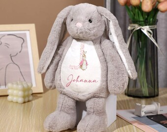 Peluche personnalisée lapin gris, lettre florale, cadeau nouveau-né