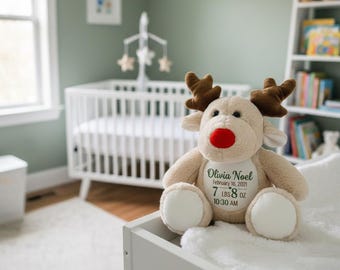 Personalized Birth Stat Moose – Woodland Nursery Decor, Soft Plush Toy Keepsake