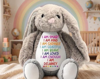 Conejito arcoíris con mensaje positivo y nombre personalizado: peluche personalizado para niños.