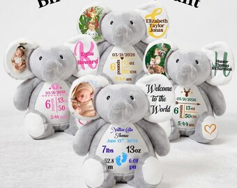 Personalized Birth Stats Elephant, Custom Baby Gift, Newborn Keepsake Plush