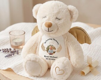 Ours en peluche ange personnalisé pour enfant en deuil d'un être cher