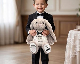 Lapin porteur d'alliances en peluche personnalisé : souvenir de mariage unique, lapin monogrammé