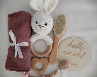 Newborn Gift Set: Crochet Rattle, Bamboo Swaddle, Hair Brush