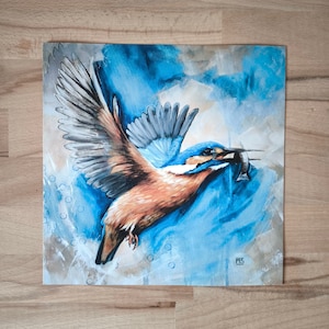 Stampa di poster, stampa artistica dell'opera d'arte originale "Martin pescatore", poster con immagine di animali, arte murale, poster di uccelli, 20 x 20 cm con e senza cornice