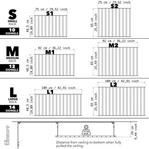 May include: Diagram showing three sizes of wall-mounted storage racks with dowels. The racks are labeled "Small", "Medium", and "Large" with corresponding dimensions in inches and centimeters. The diagram also shows the maximum weight capacity of the rack, which is 60 pounds.