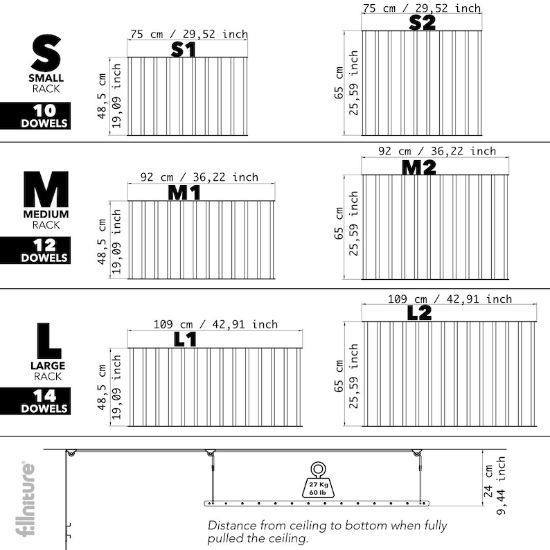 May include: Diagram showing three sizes of wall-mounted storage racks with dowels. The racks are labeled "Small", "Medium", and "Large" with corresponding dimensions in inches and centimeters. The diagram also shows the maximum weight capacity of the rack, which is 60 pounds.