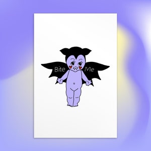 May include: A purple cartoon baby vampire with bat wings and the text "Bite Me" on the wings. The vampire has red hearts on its cheeks and fangs.