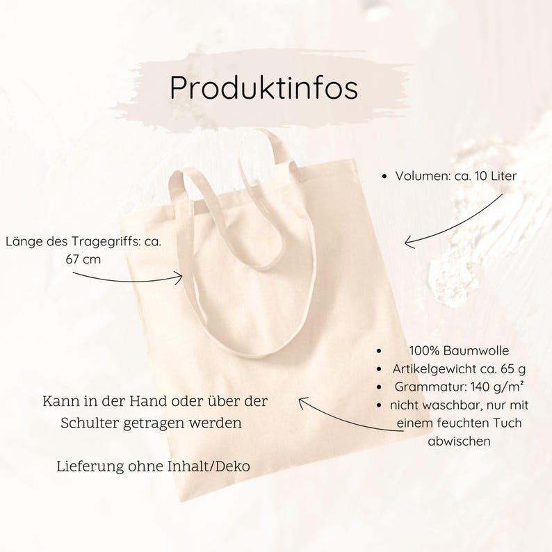 May include: A cream-coloured tote bag with long handles, made of 100% cotton. The bag's handle length is approximately 67 cm. It can be carried by hand or over the shoulder. The bag's volume is approximately 10 litres.
