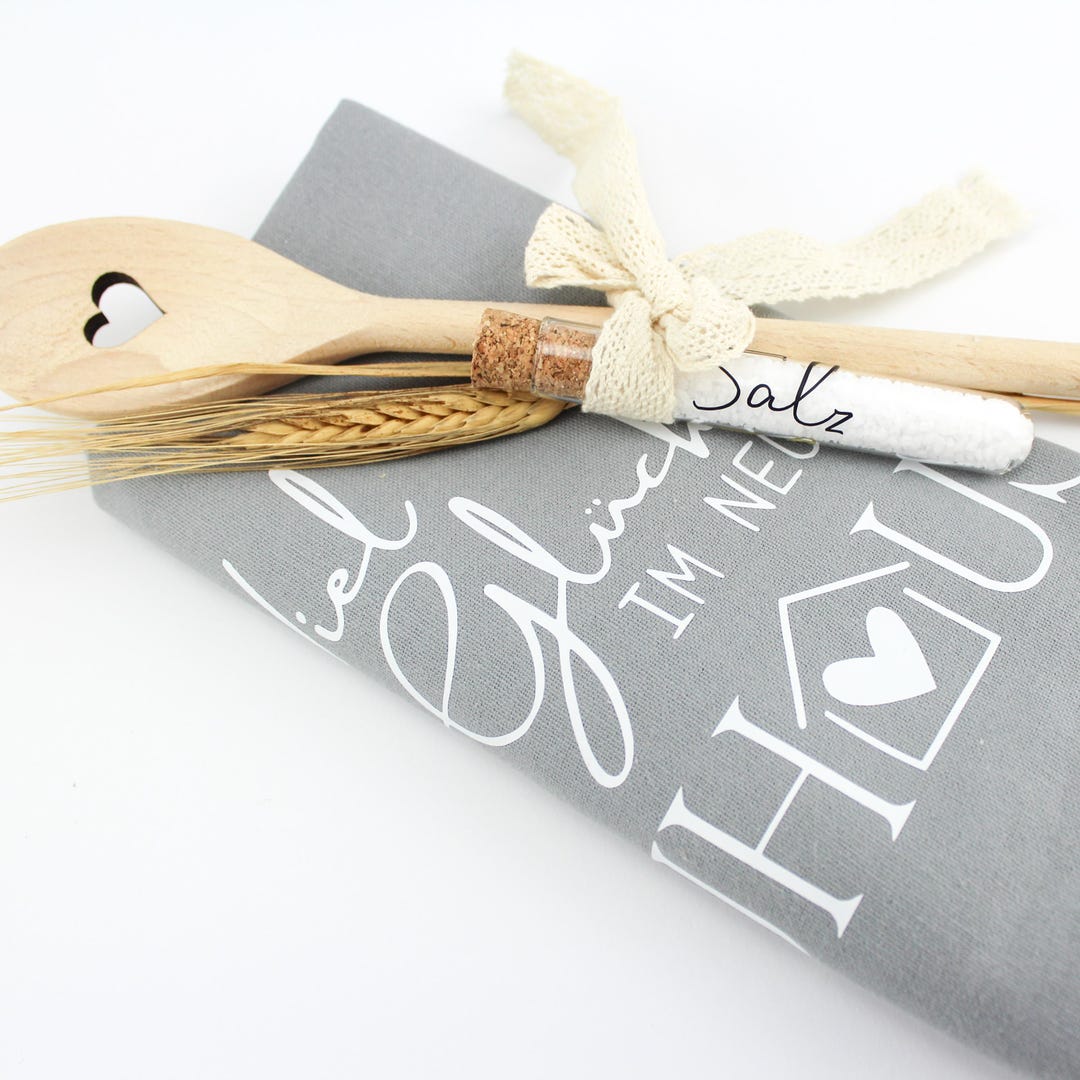 Einweihungsgeschenk Haus - Geschirrtuch Mit Spruch + Holzlöffel Set