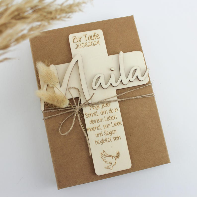 Geschenkset zur Taufe, Taufkreuz mit Namen aus Holz, Geschenkidee zur Taufe