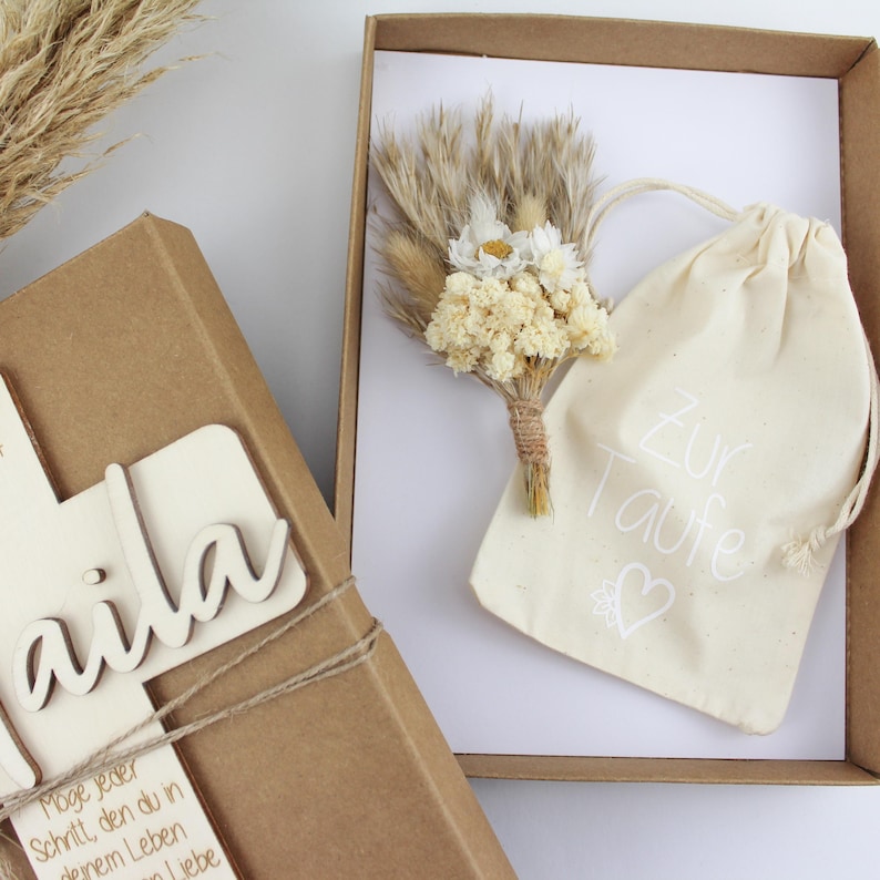 Geschenkset zur Taufe, Taufkreuz mit Namen aus Holz, Geschenkidee zur Taufe