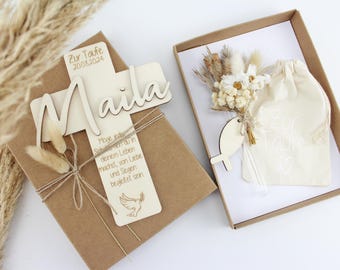 Geschenkset zur Taufe, Taufkreuz mit Namen aus Holz, Geschenkidee zur Taufe