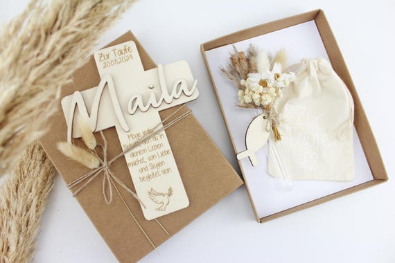 Geschenkset zur Taufe, Taufkreuz mit Namen aus Holz, Geschenkidee zur Taufe