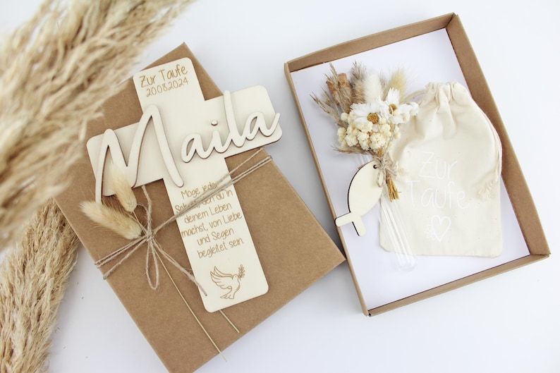 Geschenkset zur Taufe, Taufkreuz mit Namen aus Holz, Geschenkidee zur Taufe