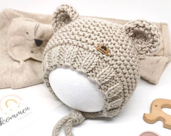 Babymütze gestrickt, Bärenohren, Teddybär, Babyfotografie, Newborn Probs, Strickmütze für Baby