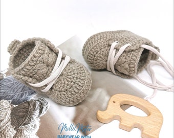 Babyschuhe gehäkelt, *BEIGE * von MilliMe, Baby Sneakers, Babyboots, Babyturnschuhe, Babyschuhe zum schnüren, Mädchen und Jungen