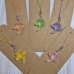 Könnte beinhalten: Eine Sammlung bunter Rochen-Anhänger in Orange, Grün, Lila, Gelb und Rosa. Jeder Anhänger ist an einem silberfarbenen Verschluss und einer farblich passenden Kordel befestigt. Die Anhänger werden auf braunem Karton präsentiert.