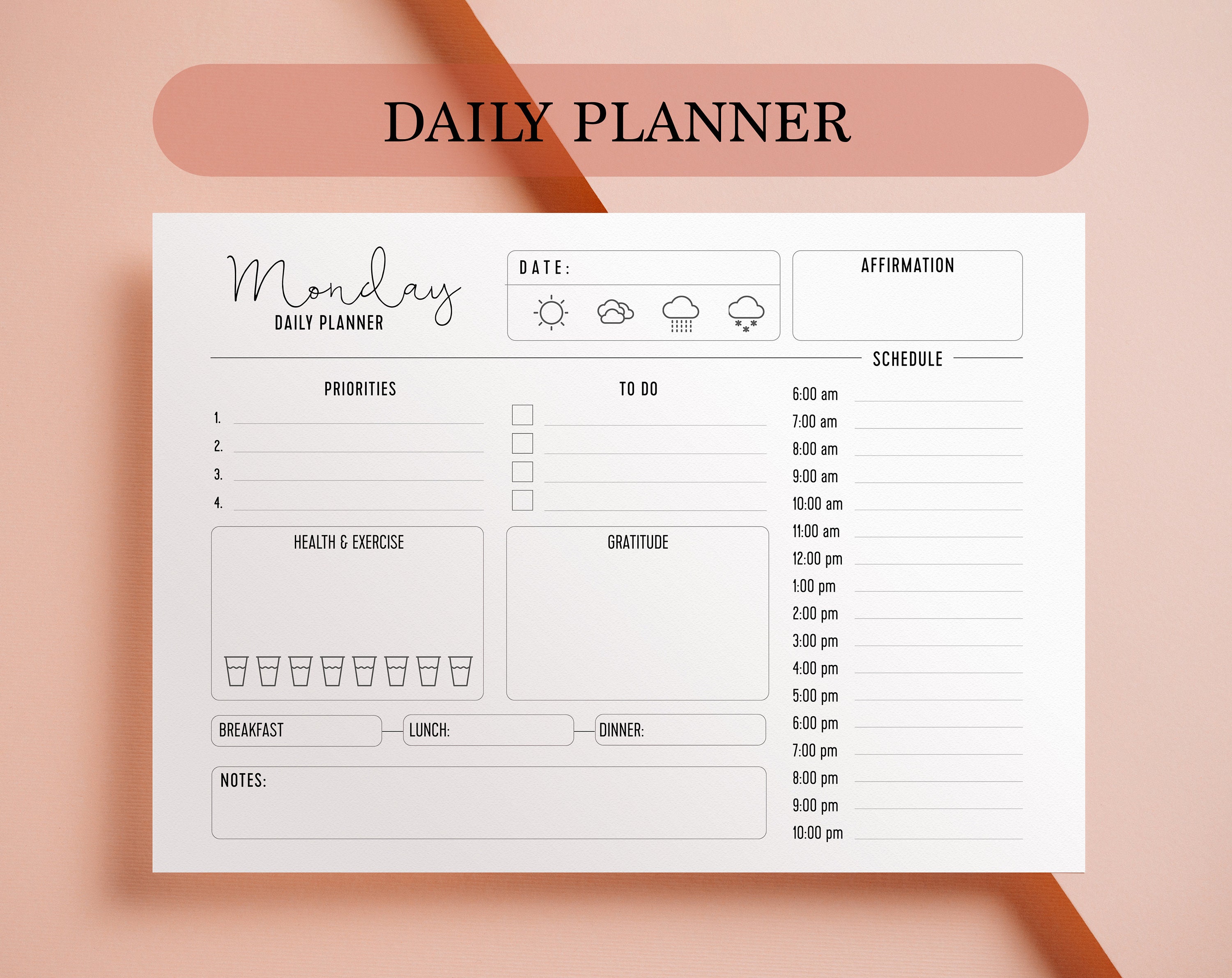 Horizontal Printable 7 Day Planner | Daily Planner | Day Planner | weekly  planner Download 365 Daily Planner Everyday Planner| Daily Log PDF