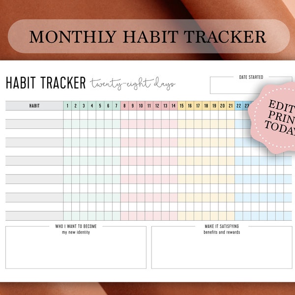 HABIT TRACKER printable | Atomic habits | Monthly habit log | 28 day habits | corjl | A4 Letter