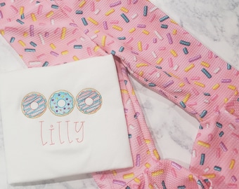 Donut Embroidered Shirt or One Piece and Donut Sprinkle Flare Bell Bottoms Birthday Outfit Set For Toddler or Baby