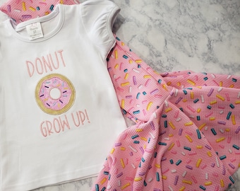 Donut Grow Up Donut Embroidered Shirt or One Piece and Donut Sprinkle Flare Bell Bottoms Birthday Outfit Set For Toddler or Baby