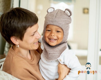 Chapeau d’ours en peluche | Bonnet enfant avec pompon | Chapeau d'oreille d'hiver pour enfants | Chapeau d'ours | Cadeau de fête de naissance | Cadeau de Noël pour la nouvelle maman