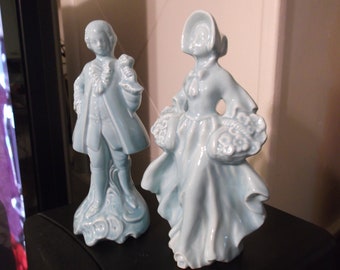 Two vintage Victorian style figurines, man & woman, pastel blue, nice glaze.