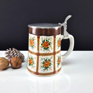 Rustic beer mug made of ceramic  with pewter lid BMF Vintage Cottage Farmhouse