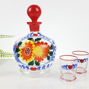 Hand-painted tincture set - carafe with 2 glasses made of glass Glass bottle decanter Shabby Cottage Vintage country house