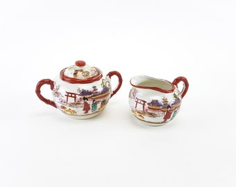 Vintage sugar bowl and milk jug made of porcelain Shabby Retro cottage Old series Japanese porcelain