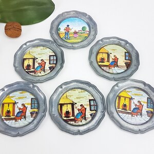 6 vintage coasters made of pewter with rustic motifs 60 / 70s Mid Century Cottage Shabby