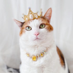 Gold Pet Crown and Crystal Necklace Set: Cat, Dog Costume