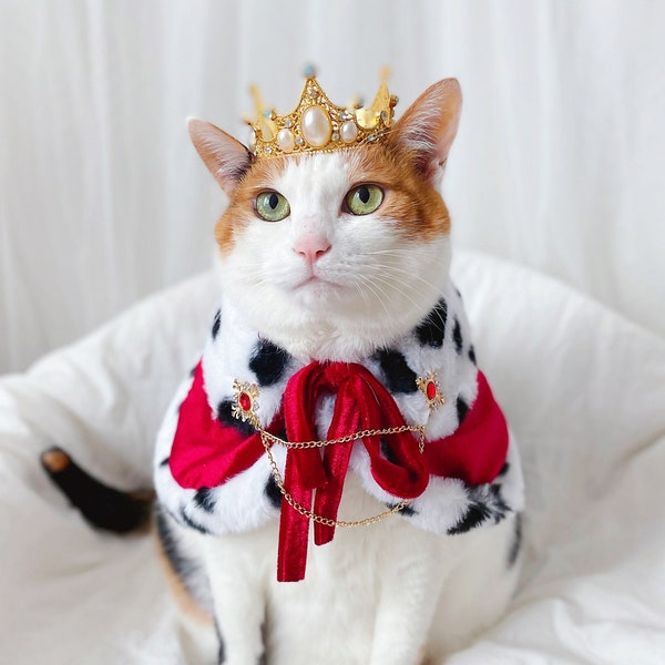 Royal King Queen Red Cape Cloak Robe brooch Crown for Pet Cat Dog outfit costume Halloween Christmas gift Photoshoot tiktok Miyopet