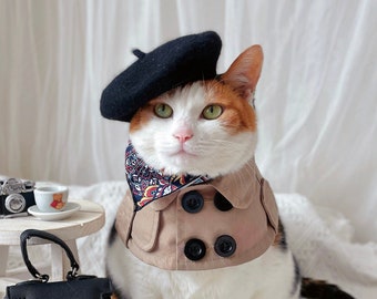 Pet Trench Coat Costume: Cat/Dog Cape, Beret & Necklace