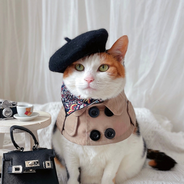 Trench coat cape Pet Cat Dog Cloths costume cloak hat Beret necklace sunglasses Halloween gift Photoshoot tiktok Miyope