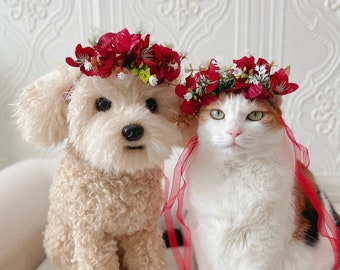 Red Flower Crown Wedding bridal wreaths Cat Dog Pet headband Necklace collar Photoshoot Miyopet