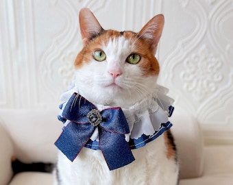 Blue Jeans Ribbon lace scarf collar Pet Cat Dog necklace wedding crown Halloween gift Photoshoot tiktok Miyopet