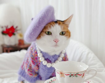 Purple Tweed knit sweater for Pet Cat Dog winter coat costume hat necklace sunglasses Christmas Birthday gift Photoshoot tiktok Miyopet