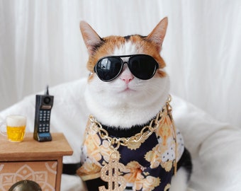 Pet Cat Dog Cloths boss gangster costume necklace sunglasses Halloween gift Photoshoot tiktok Miyopet