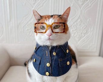 May include: A calico cat wearing a blue denim bandana with gold buttons and brown tortoise shell glasses.
