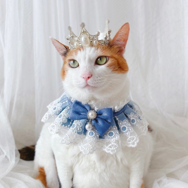 Romantic Blue lace Pearl scarf collar Pet Cat Dog necklace wedding crown Halloween gift Photoshoot tiktok Miyopet