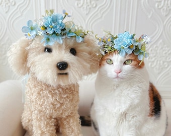 Blue Flower Crown Wedding bridal wreaths Cat Dog Pet headband Necklace collar Photoshoot Miyopet