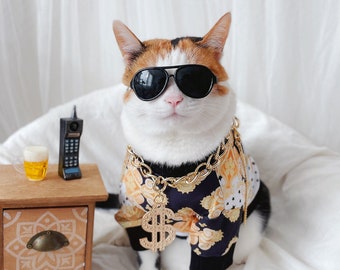 Luxury Pattern Pet Cat Dog Cloths boss gangster costume necklace sunglasses Halloween gift Photoshoot tiktok Miyope
