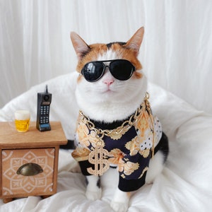 Luxury Pattern Pet Cat Dog Cloths boss gangster costume necklace sunglasses Halloween gift Photoshoot tiktok Miyope